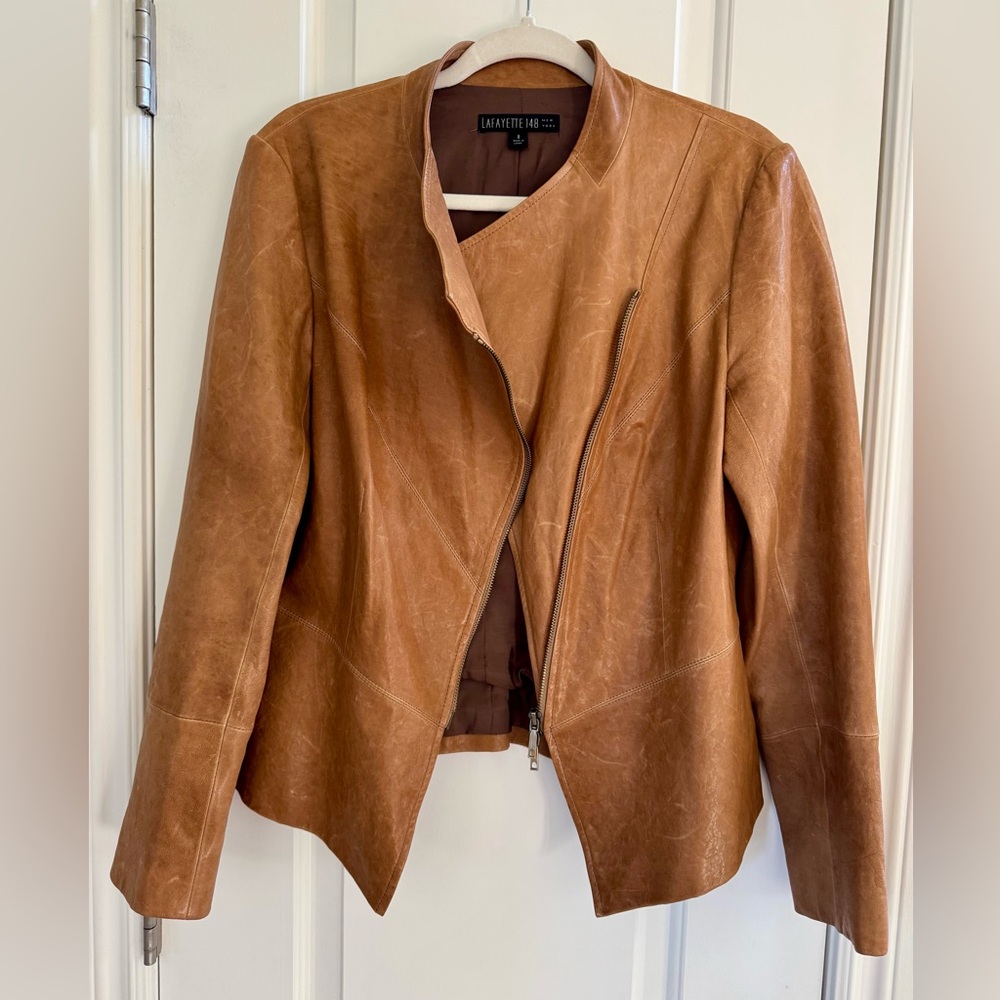 Lafayette 148 New York Tan Leather Jacket with Diagonal front zip Tan Sz 8 - Picture 3 of 8